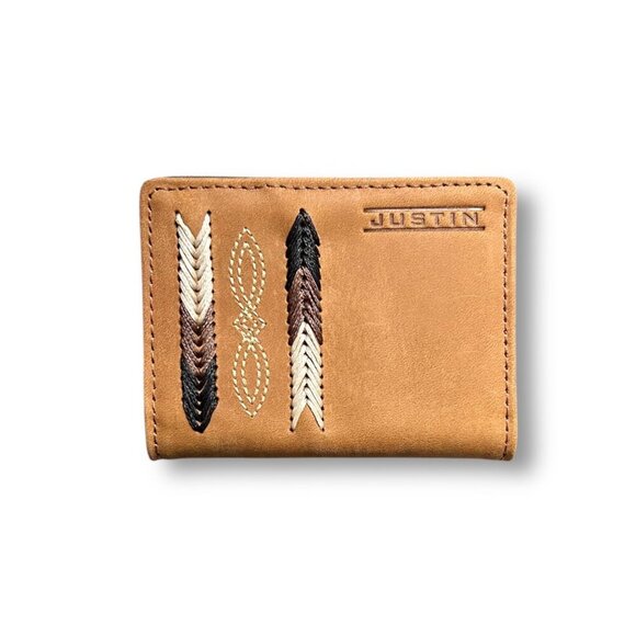 Justin Genuine Leather RFID Brown Bifold Wallet Western Embroidered Trim Cowboy - Picture 1 of 7